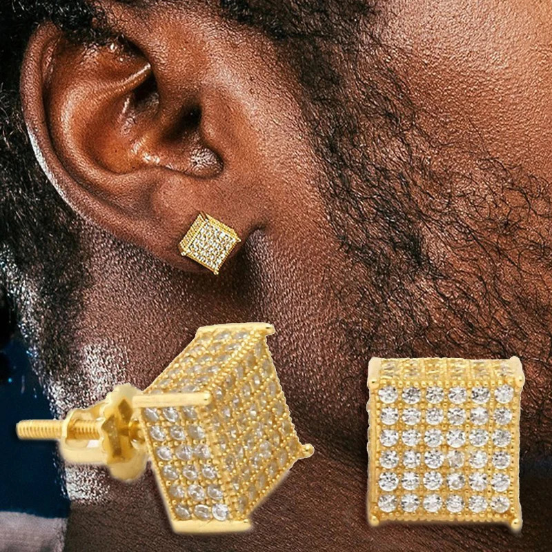 Men Stud Earrings Homme Hip Hop Rock Gold Color Bling Iced Out AA Zircon Screw Ear Piercings Fashion Jewelry OHE153 250812