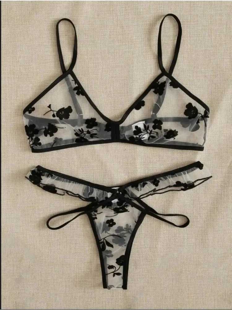 2025 Summer Women Lace Bra Set See-Through Sexy Lingerie Thin Strap Underwear Suit Floral Print Stylish Bralettes XJ250812