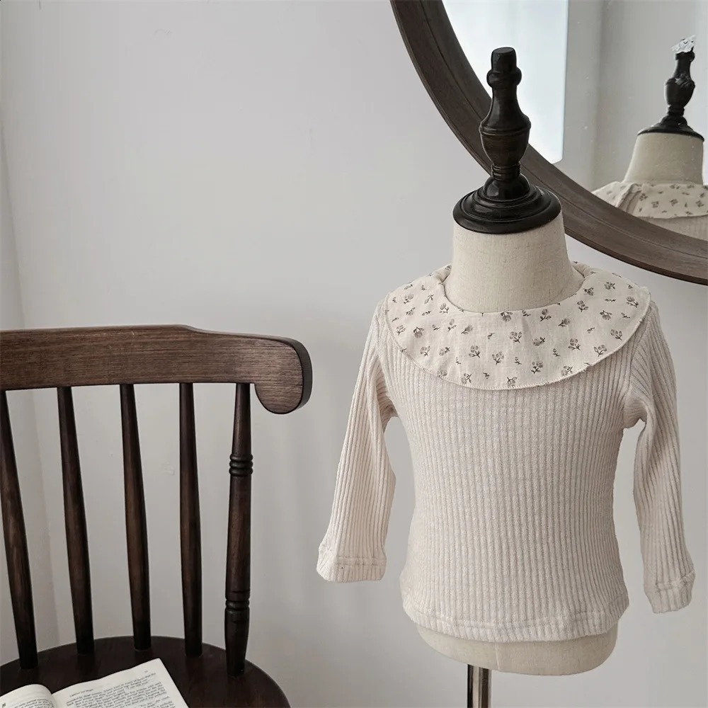 Autumn and Spring Baby Clothes Stripe Floral Lotus Leaf Collar Long Sleeved Top born Princess Inner Layer Bottom Shirt 250812