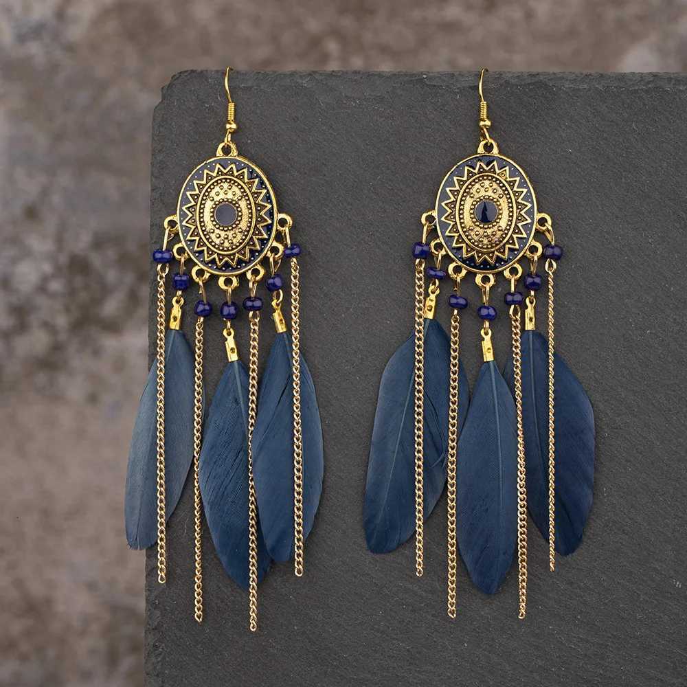 Vintage Ethnic Feather Tassel Earrings For Women Long Fringe Chain Drop Dangling Earrings Female Girls Jewelry Accessories Y250812