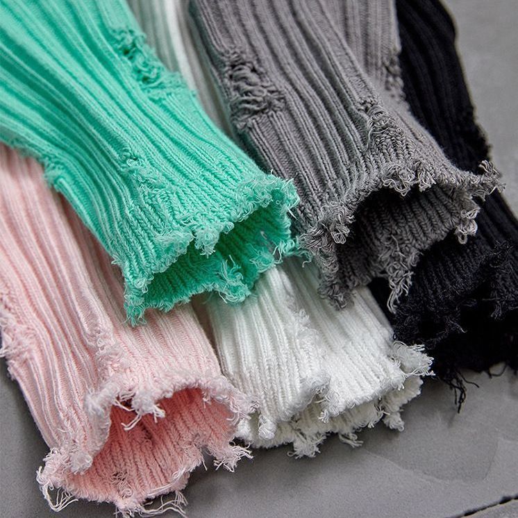 Ripped Hole Internet Celebrity Slouch Couple Unisex Mid-Calf Black Personality Beggar Trendy Frayed Socks