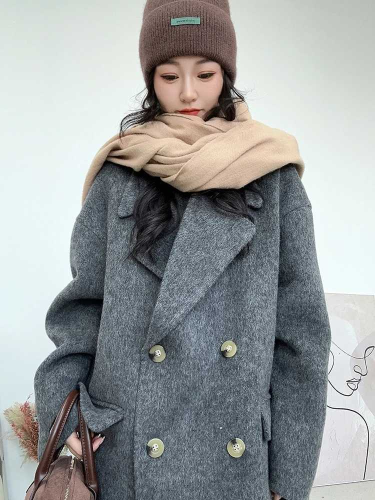 New Designer Korean Style Double-sided Cashmere Coat Coat Double Breasted Mulberry Silk Women Woolen Coat Flower Blue Z250813