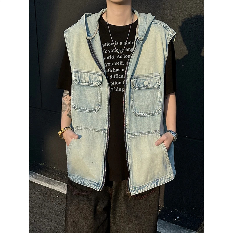 Men Sleeveless Denim Vest Summer Japanese Zipper Casual Loose Hooded Tops Fashion Versatile Black Handsome Pockets Coat 250805