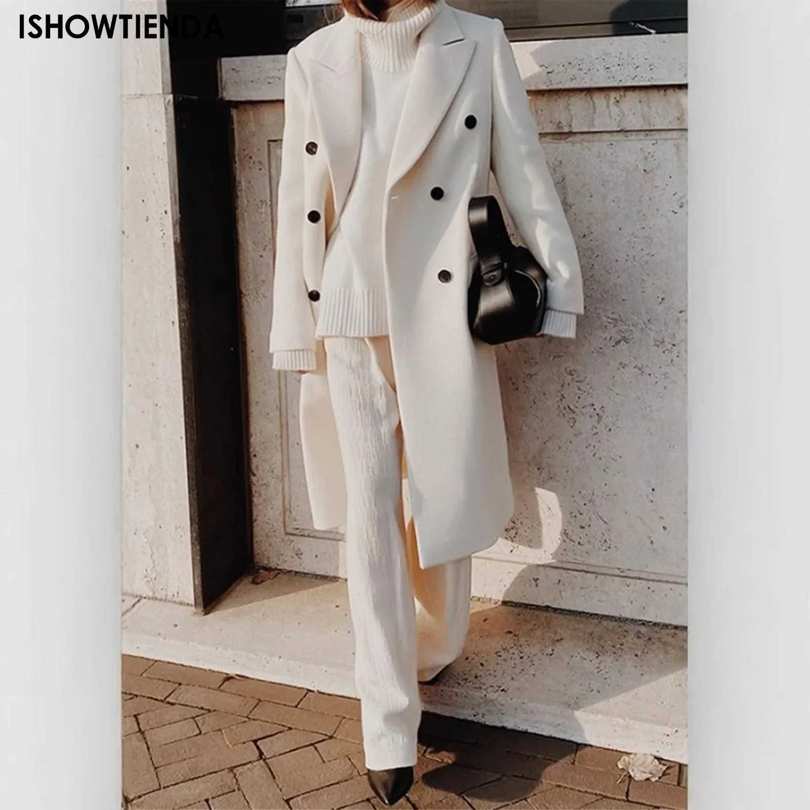 Elegant White Wool Blend Trench Long Coat Women Chic Double Breasted Warm Full Sleeve Coats New Female High Street Outerwear Z250813