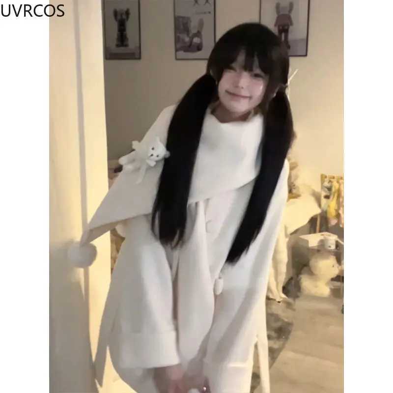 Autumn Winter Japanese Preppy Style Woolen Coat Women Kawaii Bow Cartoon Bear Scarf Loose Long Jackets Sweet Y2k Lolita Outerwear Z250813