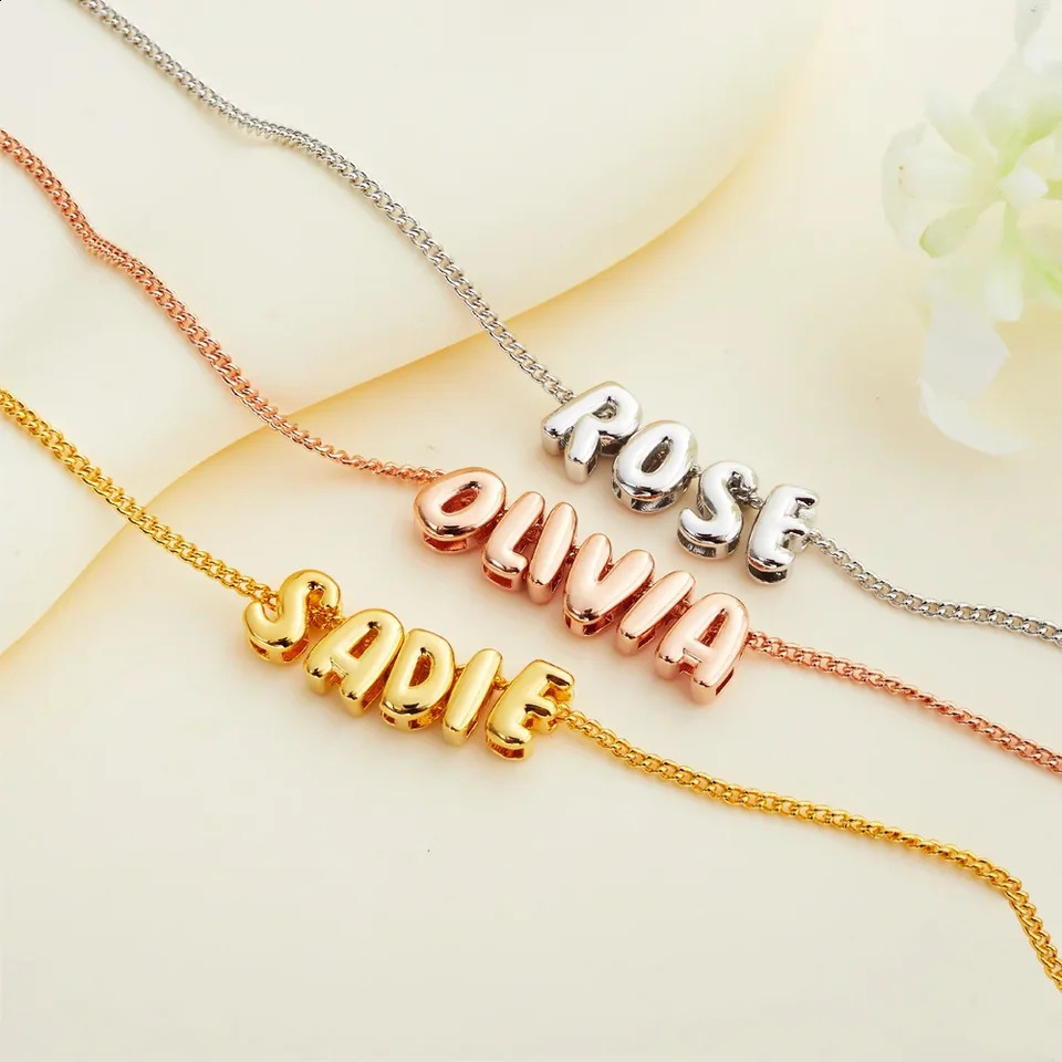 Personalized 3D Bubble Letter Number Necklace Minimalist Initial Custom Name Bracelet Jewelry Mothers Day Gift for Her Mom Girl 250808