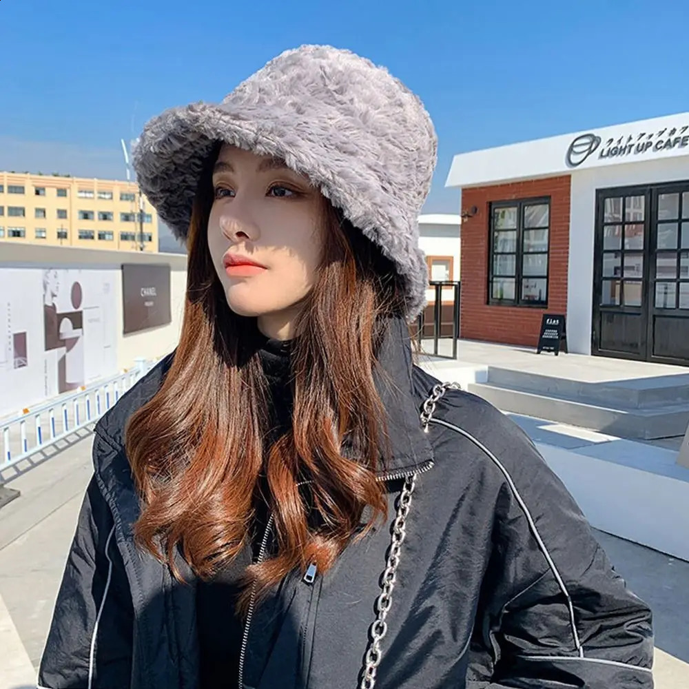 Women Faux Fur Soft Casual Panama Hat Fisherman Cap Bucket Hat Sun Cap 250808