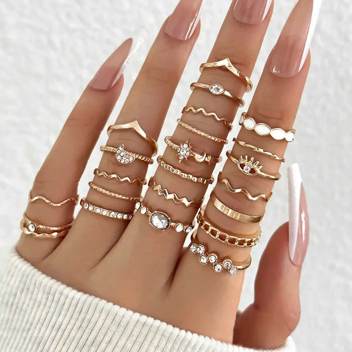 23Pcs Fashion Knuckle Rings Set for Women Crystal Star Moon Eye Wave Gold Silver Color Rings Female Trendy Party Jewelry Gift W250812
