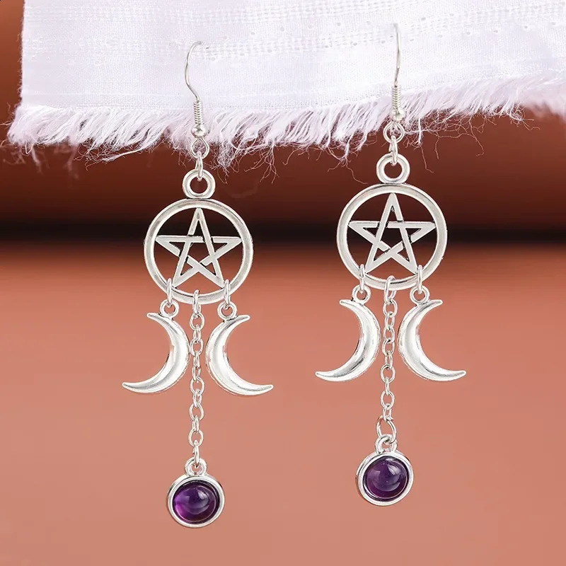 Gothic Pentagram Crescent Purple Crystal Earrings for Women Fashion Multicolour Moonstone Jewelry Party Accessories Gifts 250812