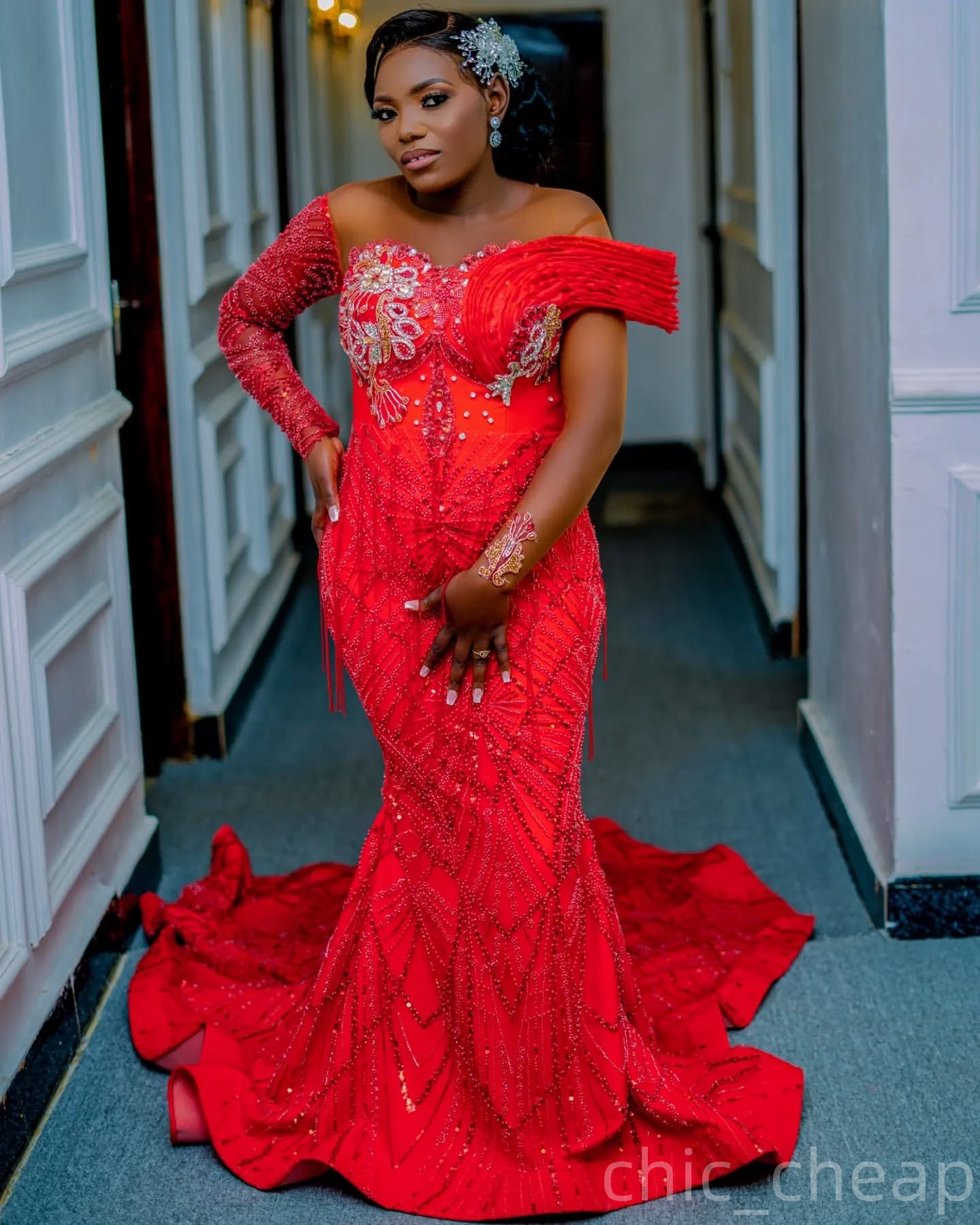 Red Mermaid Prom Dresses 2025 Crystals Beaded Tassels Sequined Evening Formal Party Second Birthday Engagement Gowns Plus Size Dress For Special Occas