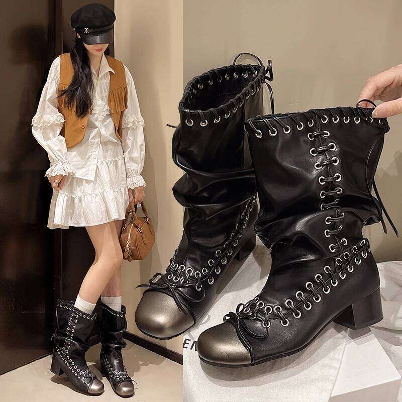 Square Toe Lace-Up Bow Pleated Fashion Vintage Block Heel Mid-Leg Boots for Women