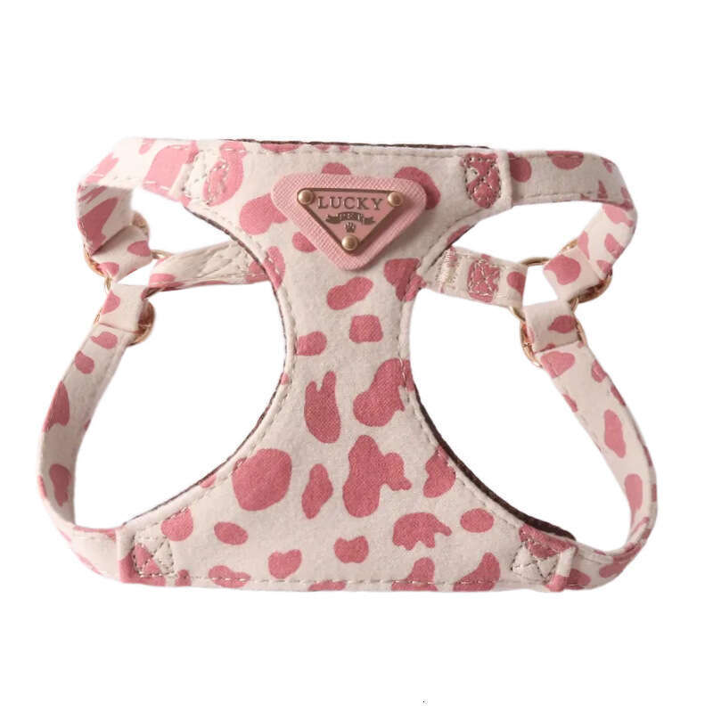 Jinjite New Cow Pattern Triangle Nameplate Harness Set Double Hook Leash for Small and Medium Dogs Vest