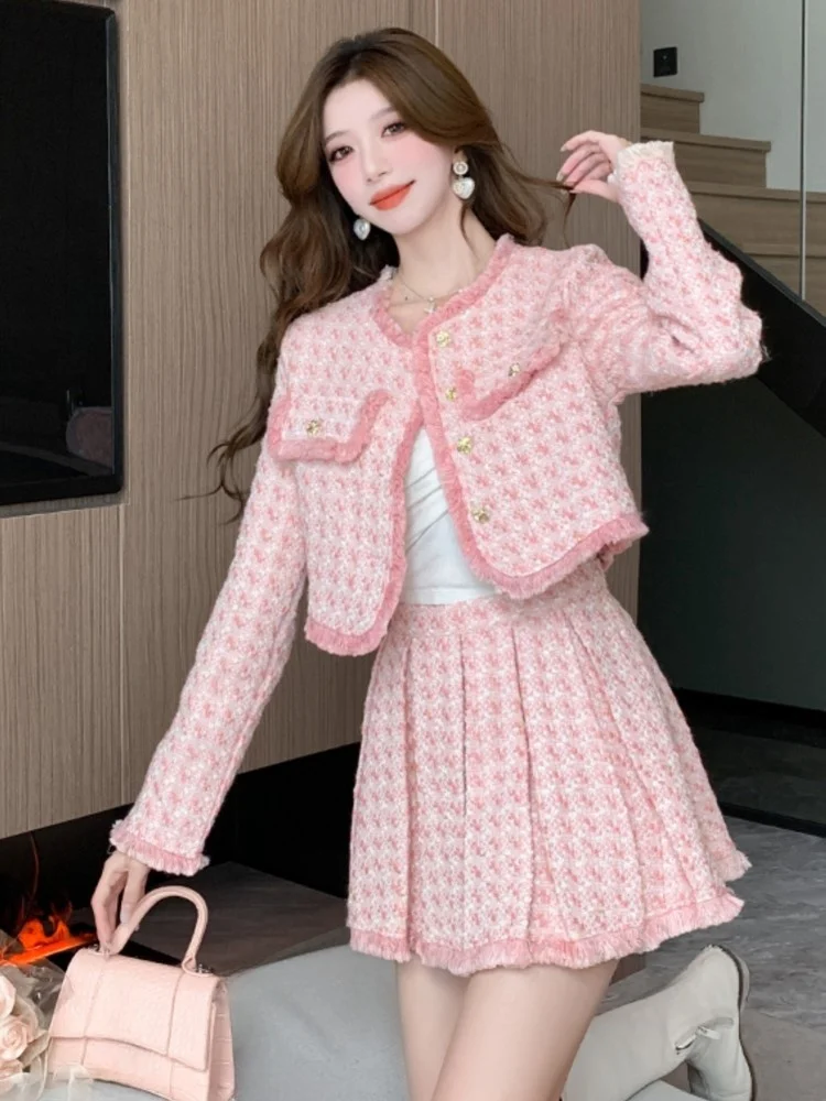 Two Piece Dress Korean Fashion Tweed 2 Set Women Outfits Autumn Winter Crop Top Jacket Coat Tassel Mini Pleated Skirt Suits Elegant 2025