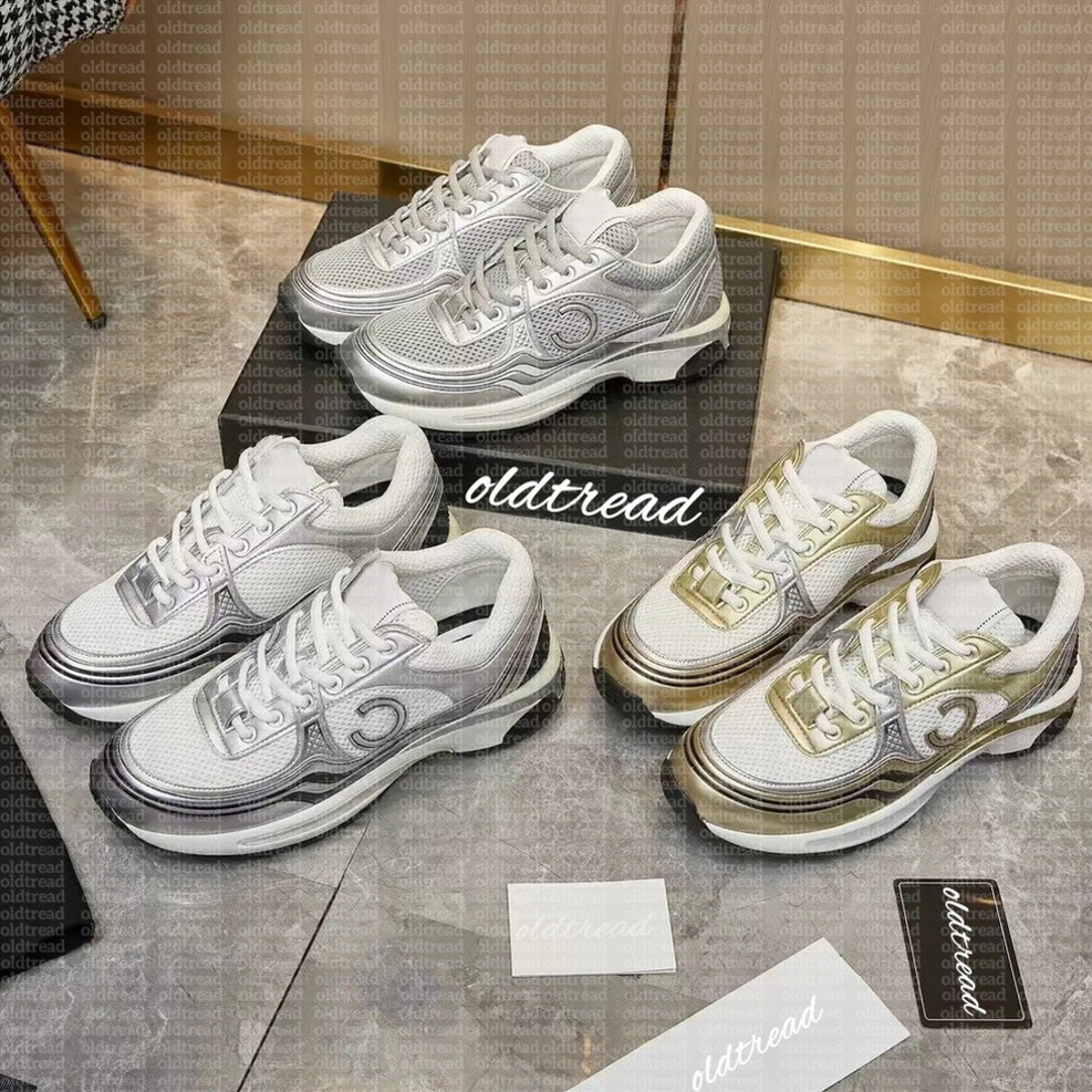 Designer Running CCity Shoes 23C Leather Sport Outdoor Runner Lace Up Sneakers Chan Shoe Gold Silver Metallic Flat Womans Trainer Mesh Calfskin Nylon Reflective 904