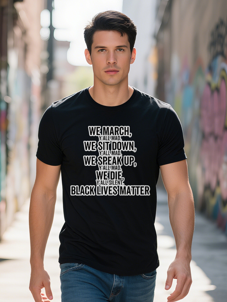 Men S Casual Black T Shirt with Bold WE MARCH Letter Print Soft Breathable Round Neck Short Sleeve Summer a0dcd