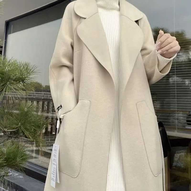 2025 Fall Winter Jacket Ripple Double-sided Wool Cashmere Coat Bathrobe Style Windbreaker Women Belt Long Thick Warm Z250813
