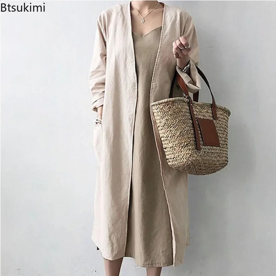 2025 Womens Simple Temperament Cardigan Solid Long Trench Coats Fashion Casual V-neck Kimono Tops Women Long Jackets Robe 250811