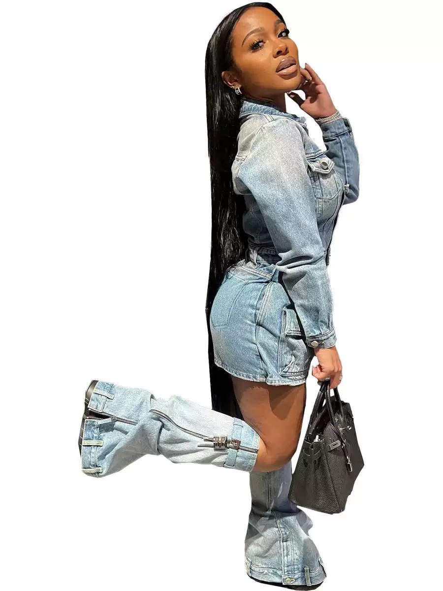 Designer Denim Tracksuits Two Piece Sets Women Long Sleeve Patchwork Denim Jacket and Shorts Outfits Y2k Jeans Vintage Streetwear Bulk Wholesale Cloth