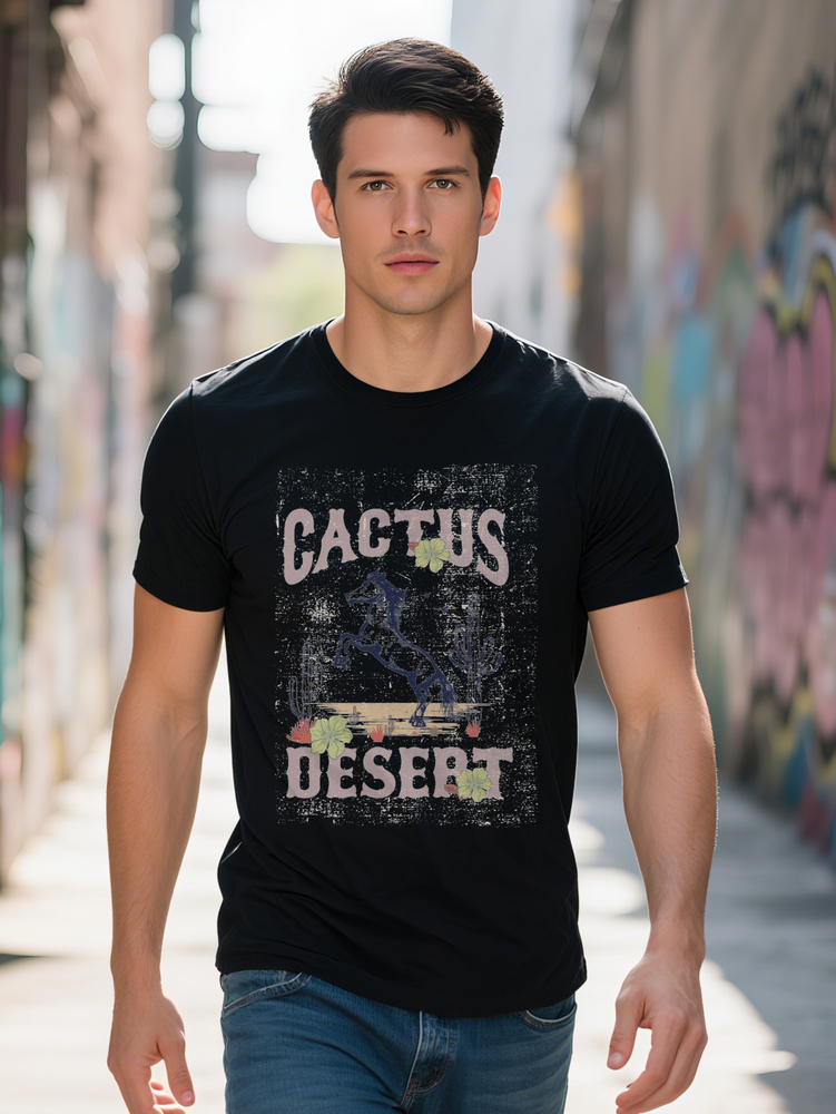 Men s Casual Crew Neck T Shirt Desert Vibes Graphic Print Black with Pink Blue Accents Lightweight Summer Style