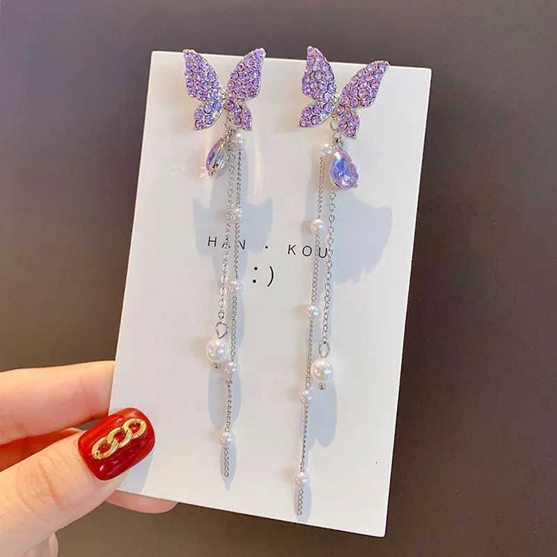 Purpule Rhinestone Butterfly Tassel Earrings for Women Imitation Pearl Beads Pendants Thread Long Hainging Earrings 2025 brincos Y250812