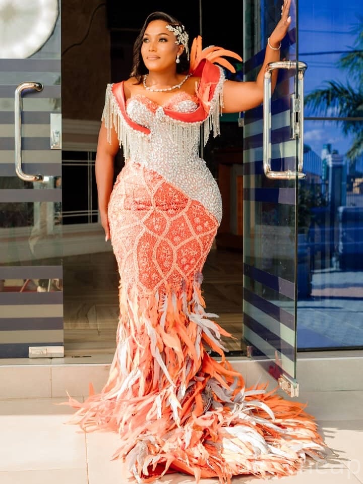 Mermaid Orange Prom Dresses 2025 Feathers Crystals Luxurious Tassels Evening Formal Party Second Birthday Engagement Gowns Plus Size Dress For Special