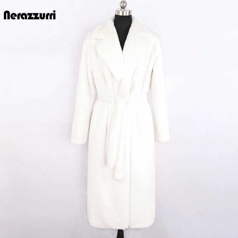 Nerazzurri Winter Long White Black Warm Fluffy Faux Fur Coat Women Long Sleeve Belt Lapel Stylish Korean Fashion without Buttons Z250813