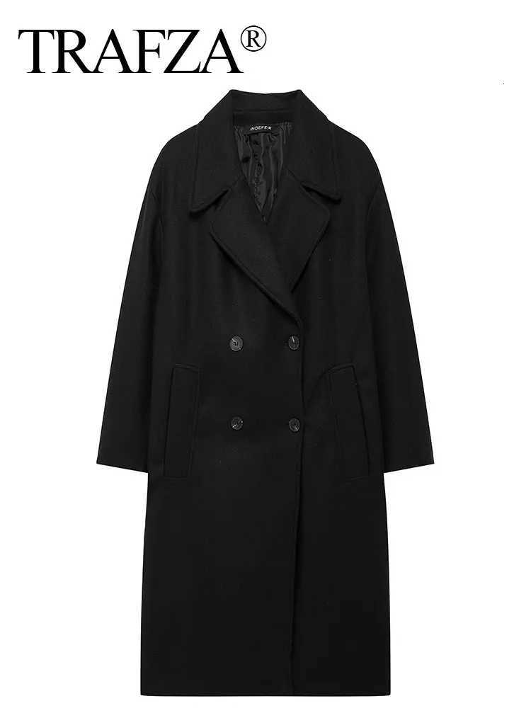2024 TRAFZA Autumn New Women Loose Coat Lapel Double Breasted Long Sleeve Jacket Winter Warm Thick Vintage Solid Trench Outerwear Z250813