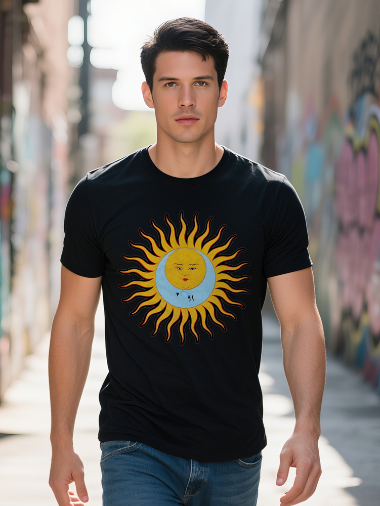 Men s Casual Graphic Tee Black Round Neck T Shirt with Stylized Sun Moon Print Lightweight Summer Top Perfect Gift
