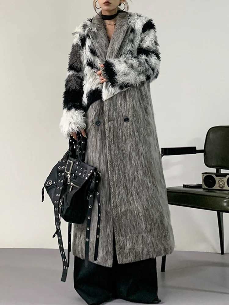 Yermora Gray Splice Irregular Fake Fur Woolen Coat for Women Lapel Long Sleeve Overcoat Fashion Tide Autumn Winter New 2024 Z250813