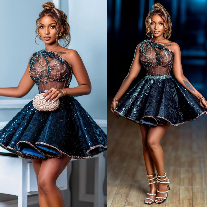 2025 Aso Ebi Cocktail Dresses For Women Short Mini Dress One Shoulder Appliqued Lace Beaded Homecoming Dresses Mini Gown For Nigeria Black Girls C271