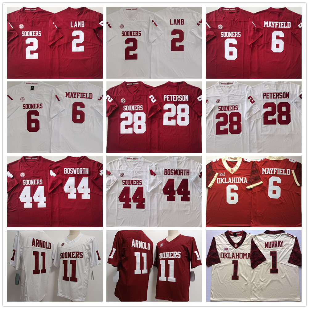 Men's Oklahoma College Sooners Football Jersey 11 Jackson Arnold 44 Brian Bosworth 6 Baker Mayfield 28 Adrian Peterson 2 CeeDee Lamb 1 Kyler Murray Stitched