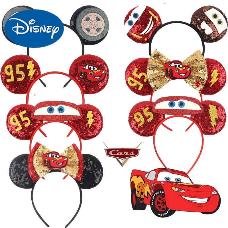 Disney Disney Anime Cars Ears Headbands Women Sequins Bow Hairband Girls Pixar 95 Lightning McQueen Hair Accessories Kids Headwear Gift W250813