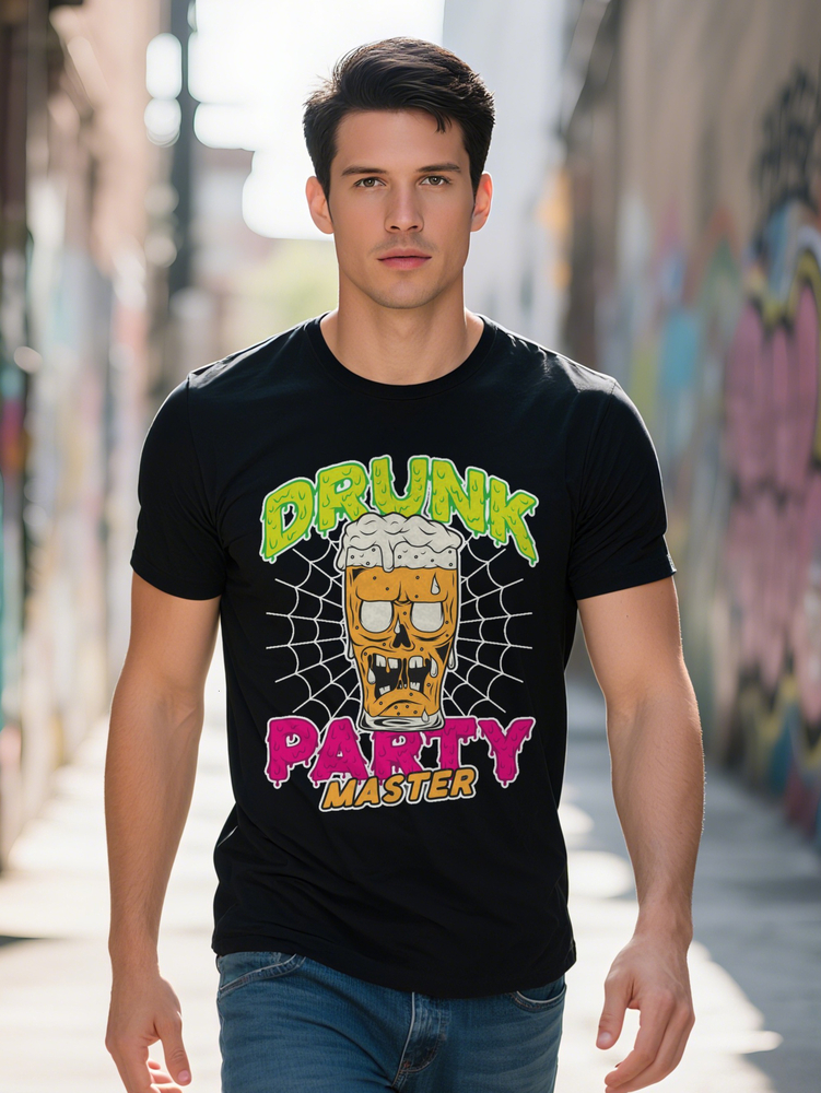 Men s Graphic T Shirt DRUNK PARTY MASTER Beer Spider Web Design Black Crew Neck Tee Perfect for Parties Gifts