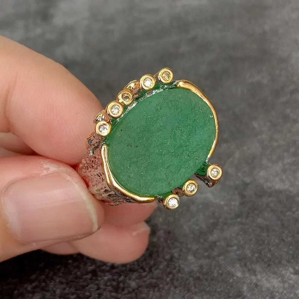 18x20mm Natural Green Fluorite Rough Real Stone Ring Gold Plated Adjustable Rings W250812