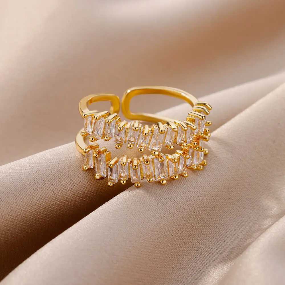 Double Layer Zircon Rings for Women Adjustable Gold Plated Stainless Steel Ring 2023 Trending Wedding Aesthetic Jewelry Earrings W250812