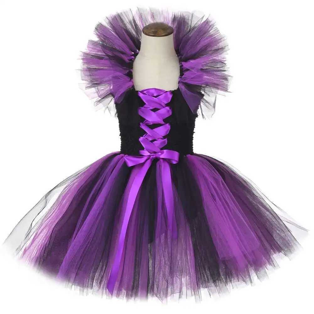 Black Purple Witch Costumes for Girls Halloween Lined Tutu Dress with Hat Broom Kids Carnival Party Witches Disguised Outfits G250812