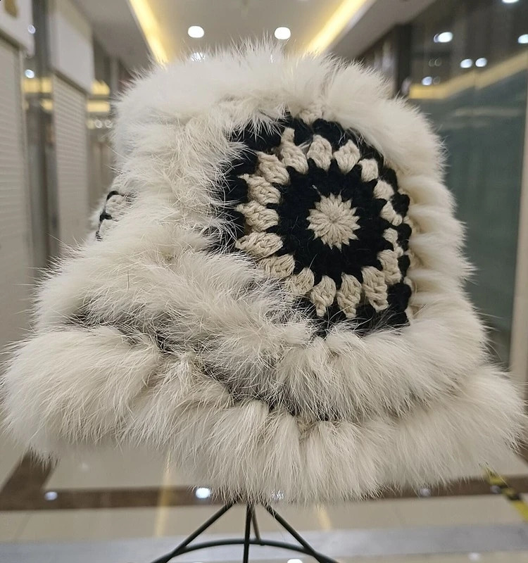 China-Chic Bucket Hats for Women Winter Warm Cute Plush Cap Big Head Casual Rabbit Fur Hat Knitted Fishermans Caps 250808