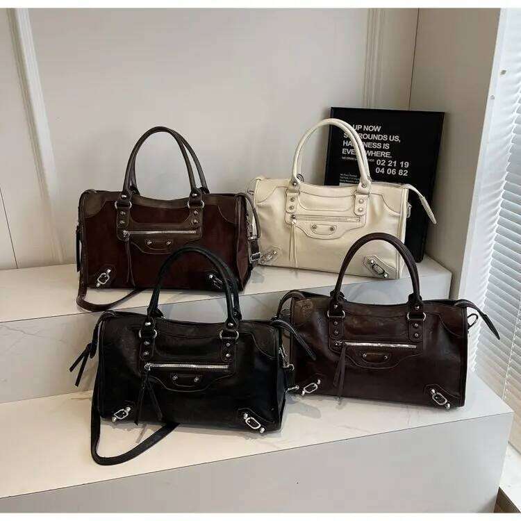 Women's Retro Rivet Locomotive Messenger Shoulder Tote Bag Casual Lightweight Large Capacity PU Leather Crossbody Fashion Purse