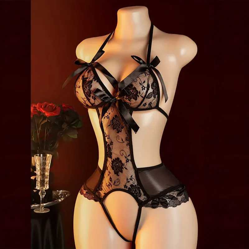 Neck-hanging One-piece Bra Semi-See-through Lingerie Set Crotchless G-string Bodysuit Crotch Open Underwear Intimate Sexy UndiesXJ250812