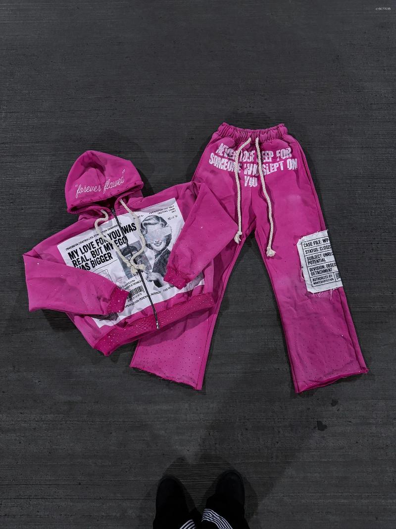 Men's Hoodies Streetwear Harajuku Retro Two Piece Men And Women Hip Hop Punk Patch Printed Loose Zipper Hoodie Fashion Casual Sports Pants