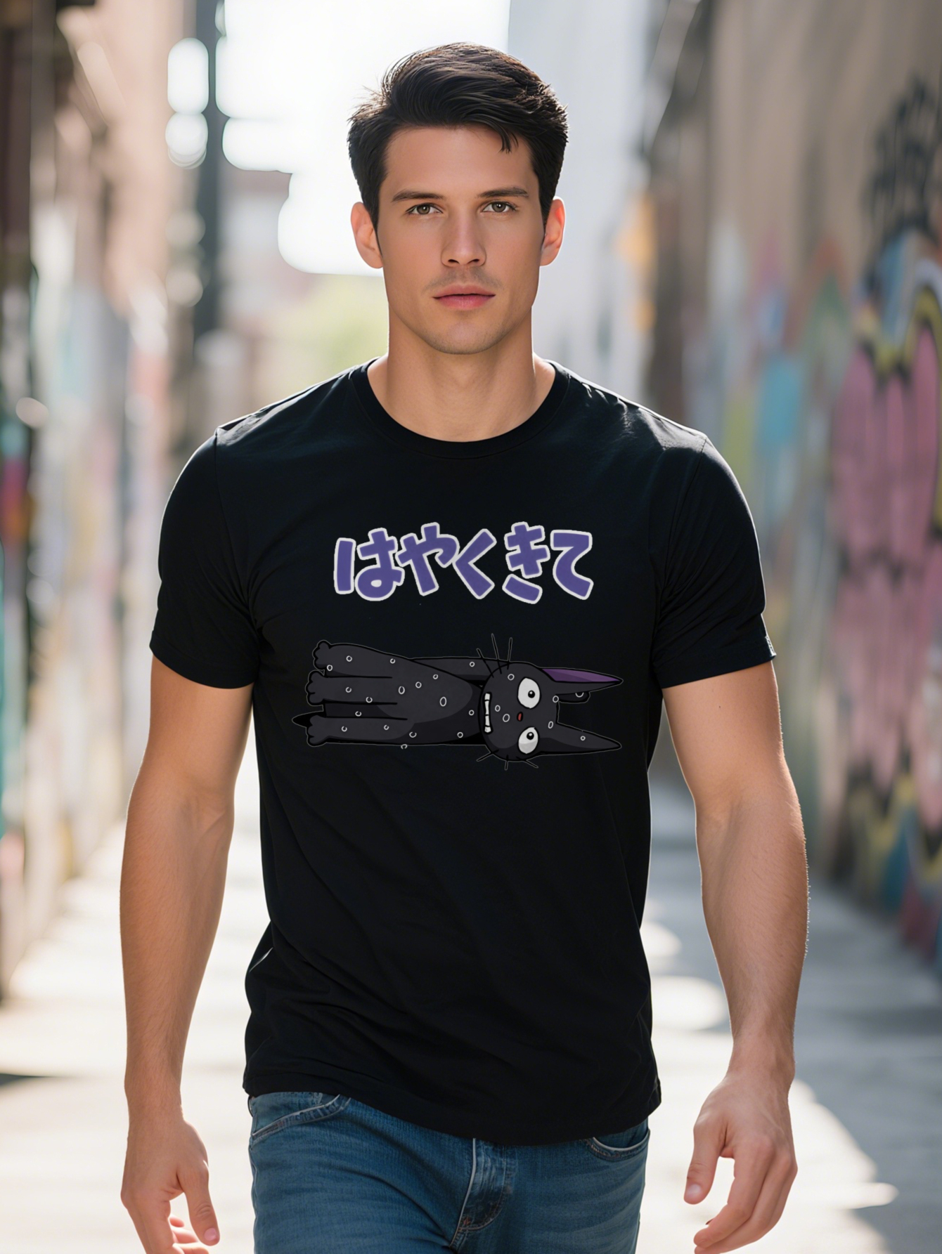 Men S Casual Versatile Round Neck T-Shirt with Cute Cat Print Soft Breathable Light Gray Regular Fit Perfect