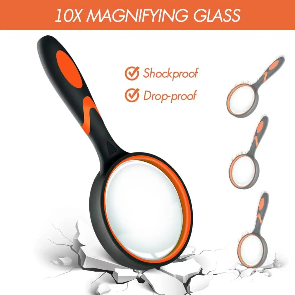 Handheld Magnifying Glass 10x Kids Seniors Magnifier Reading Exploration NonSlip Shatterproof Lens 506575100mm 250804