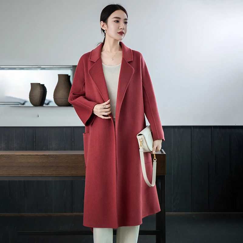 2025 Autumn Winter New 100% Australian Wool Womens Long Coat with Belt Loose Fit Raglan Sleeves Simple Woolen Trench Coat Z250813