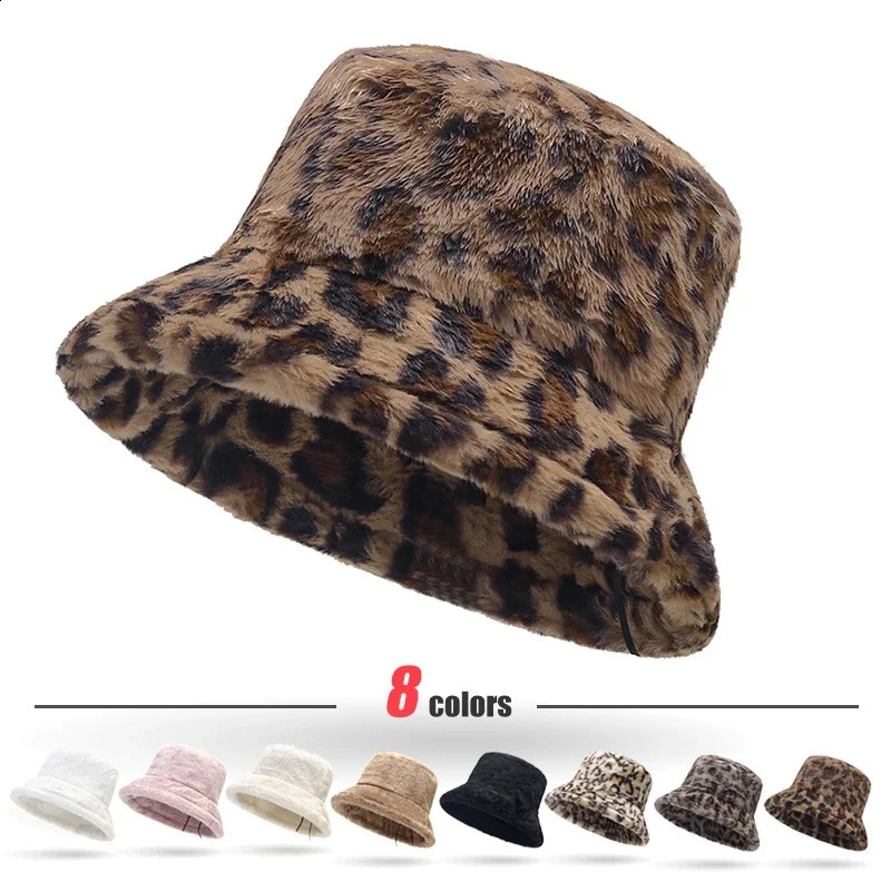 Autumn and Winter Lady Thick Warm Skin-Friendly Soft Plush Bucket Hat Leopard Print Bucket Hat 250808