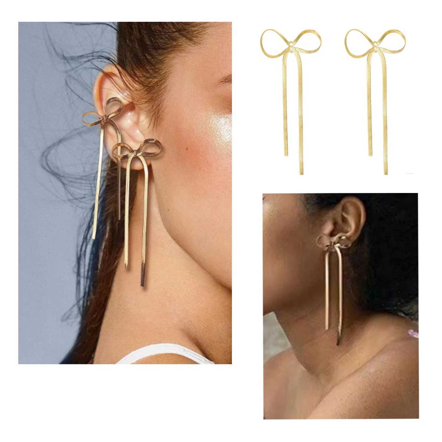 2024 New Stainless Steel Long Tassels Bow Dangle Earrings Flat Snake Chain Bowknot Ear Stud Minimalist Hoops Lightweight Jewelry Y250812