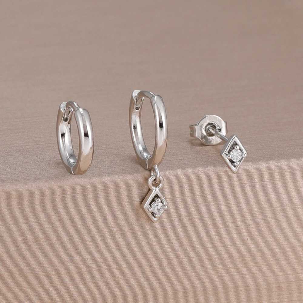 3PCS 14K Gold Plated Square Zircon Earring Set for Women Stainless Steel Pendant Charms Huggies Earring Punk Unisex Rock Jewelry Y250812