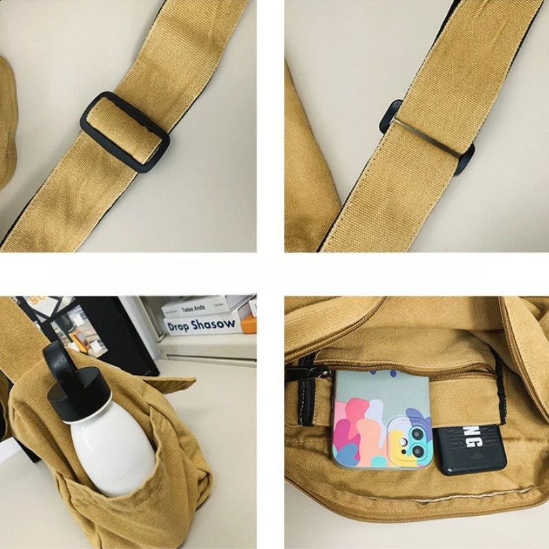 Casual Canvas Messenger Bags Large Capacity Couple Shoulder Book Bag for Student Adjustable Crossbody Bag for Men Women 250809