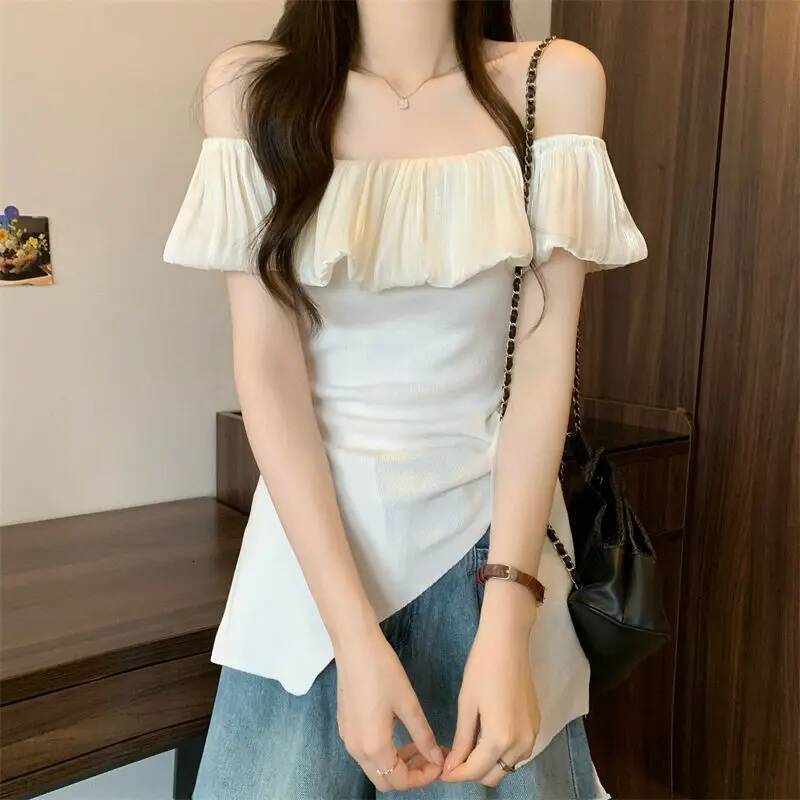 2025 Summer Fashion Casual Patch Color blocked design Slant Neck Women's Full Match Temperament Short Sleeve Slimming Top T-shirt Designer Top