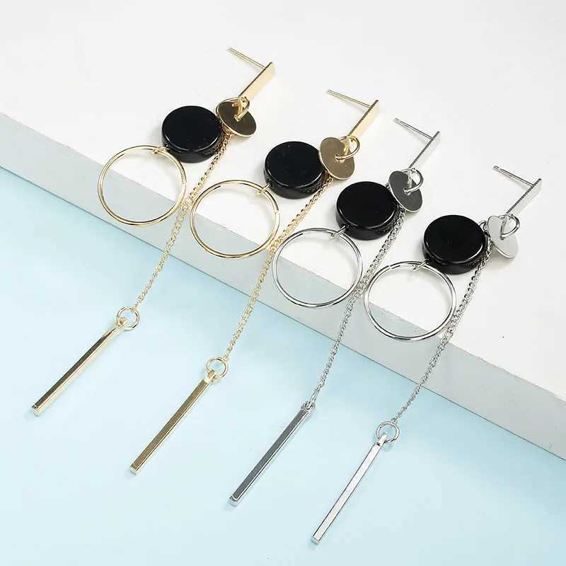 Black Round Hanging Earrings for Women Gold Color Link Tassel Earrings Bohemian Dangle Earrings Korean Fashion Ear Jewelry Y250812