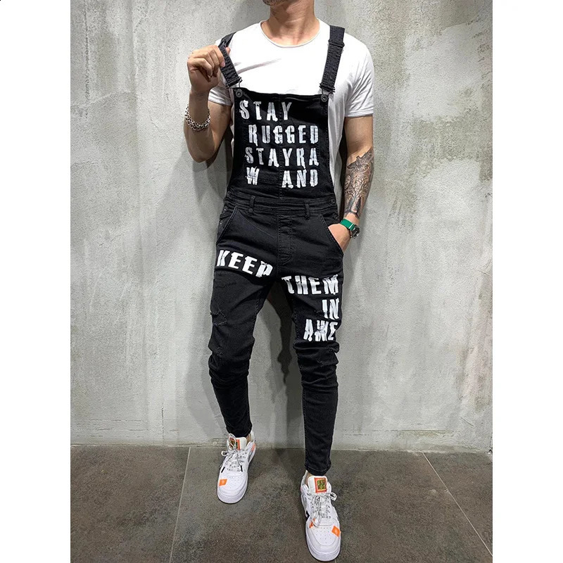 Men Suspenders Denim Jumpsuit Letters Trousers Fashion Overalls Mens Ripped Printed Jeans Streetwear 250808